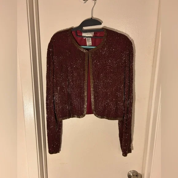 Niteline Della Roufogali SILK Wine/ Gold BEADED CROPPED EVENING JACKET! - Picture 12 of 15